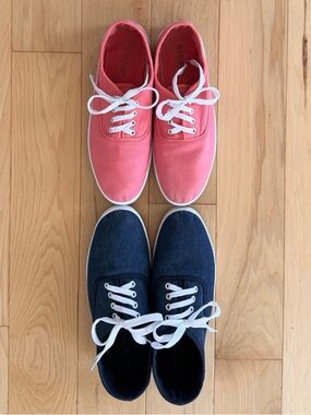 Bundle of Bamboo brand Buddy style plimsoll sneakers. Denim blue and coral sz 9